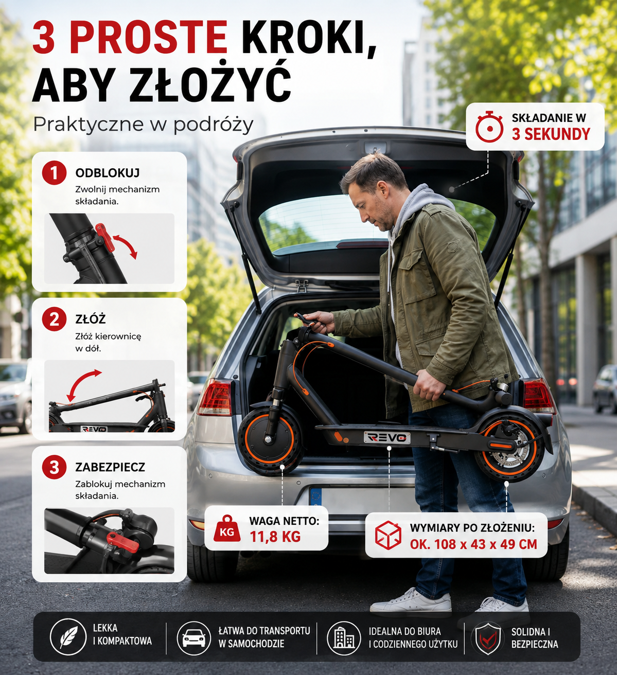 REVO Nova – Hulajnoga elektryczna 350 W | Zasięg do 35 km | Akumulator 36 V 7,8 Ah | Opony Honeycomb 8,5"