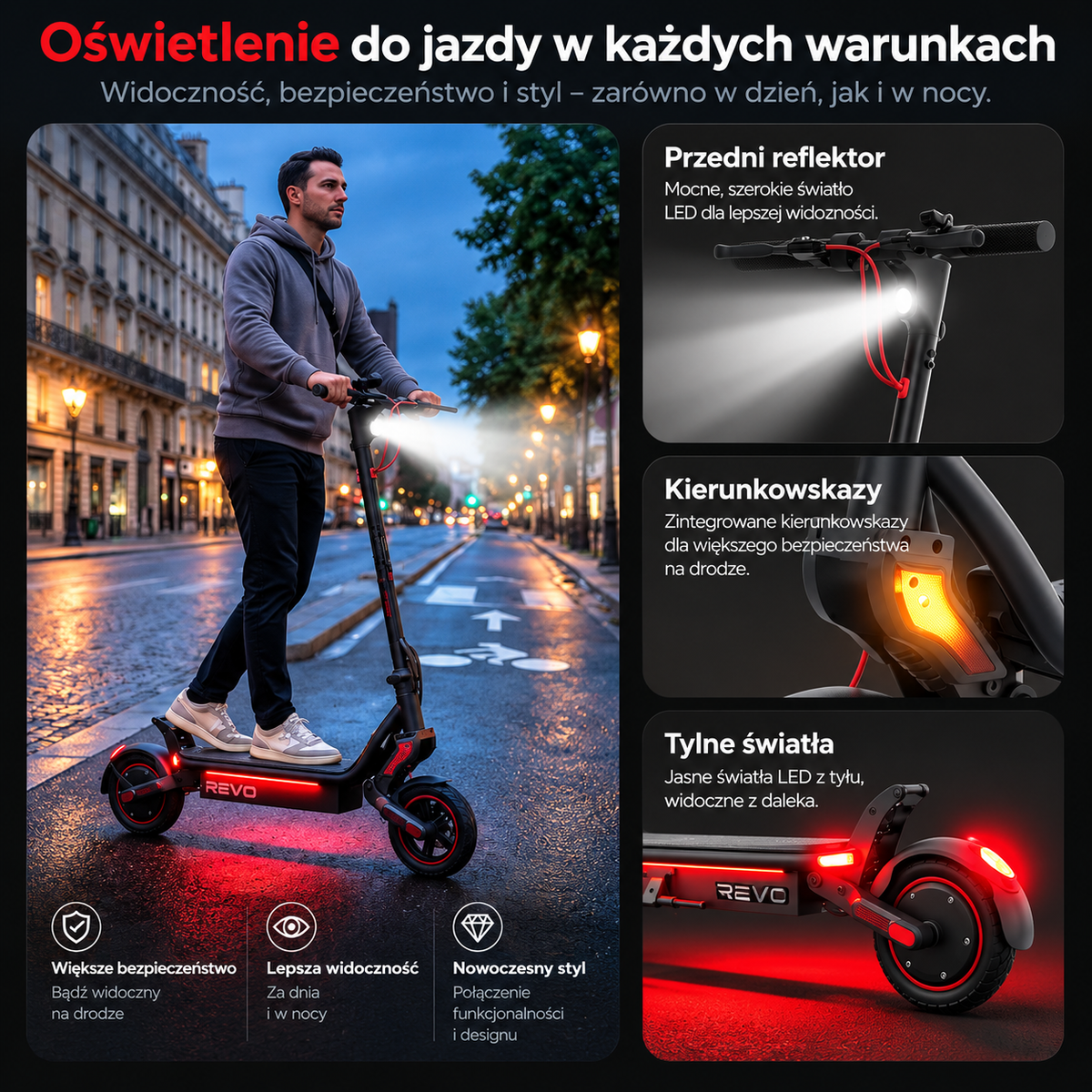 REVO Pulse – Hulajnoga Elektryczna 750 W – Zasięg do 45 km – Bateria 48 V 14 Ah – Opony 9,3″ – 4 Tryby Jazdy