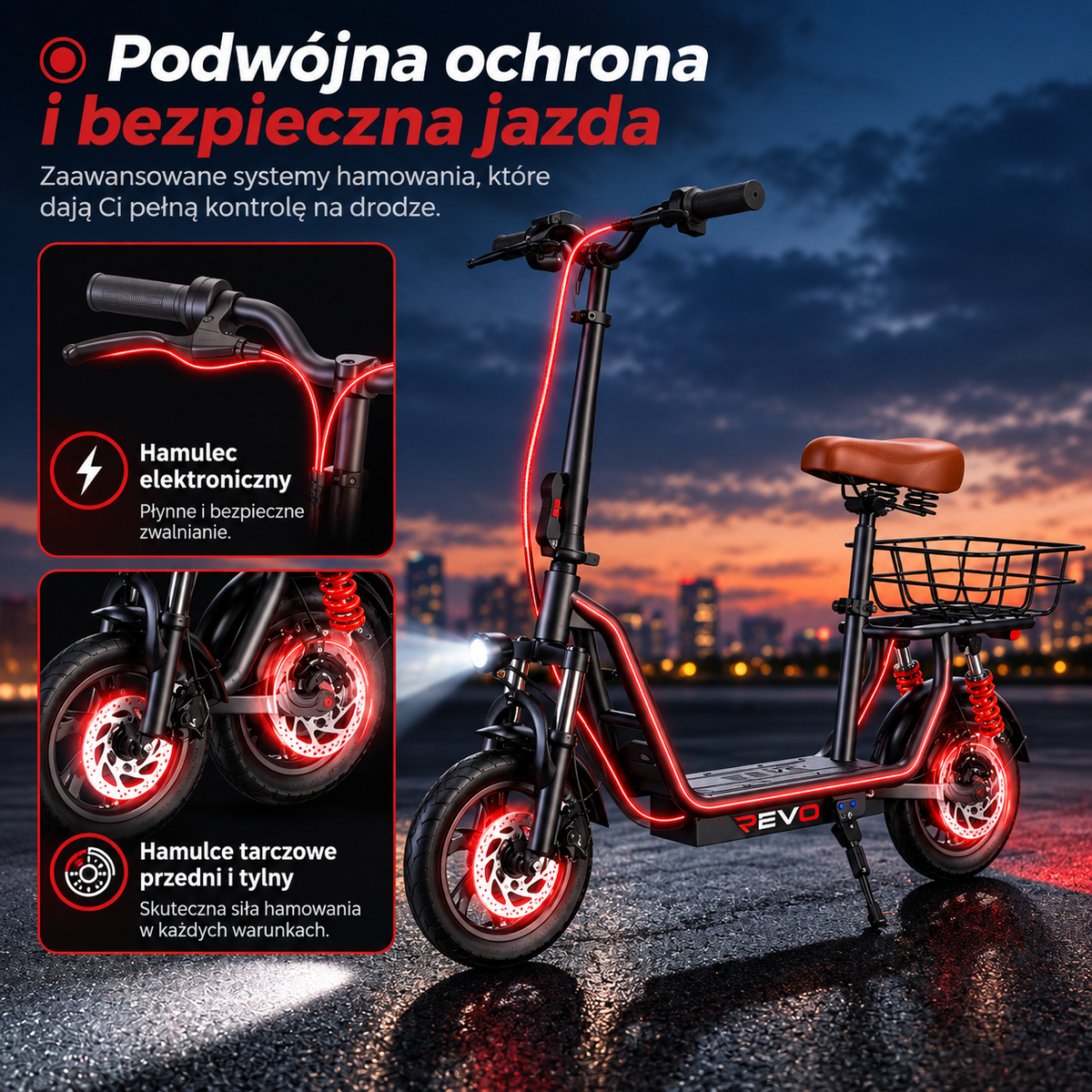 REVO Zenith – Hulajnoga Elektryczna 500 W – Zasięg do 35 km – Bateria 36 V 7,5 Ah – Koła 12″ – Z Siodełkiem