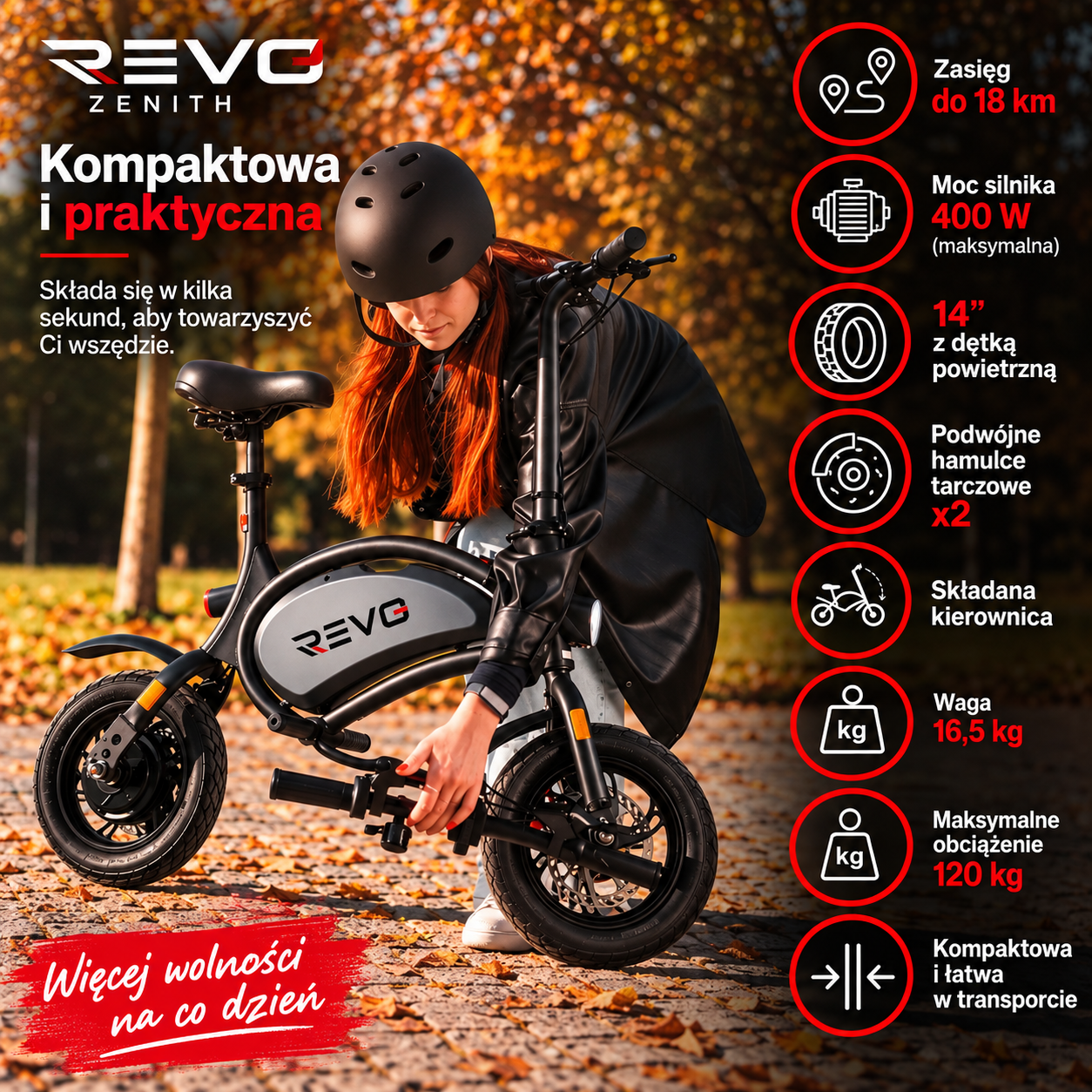 REVO Volt – Elektryczny Rower Biegowy 350 W – Zasięg 15–20 km – Bateria 36 V – Składany – Przednie i Tylne Hamulce Tarczowe
