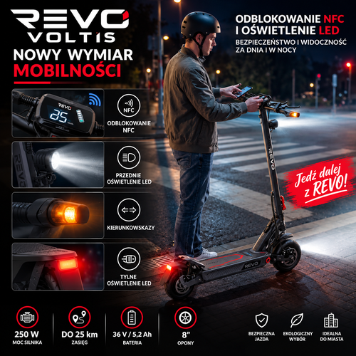 REVO Vector – Hulajnoga Elektryczna – Moc Maks. 1100 W – Zasięg do 70 km – Bateria 48 V / 13 Ah – Opony 10″ – Amortyzacja & NFC