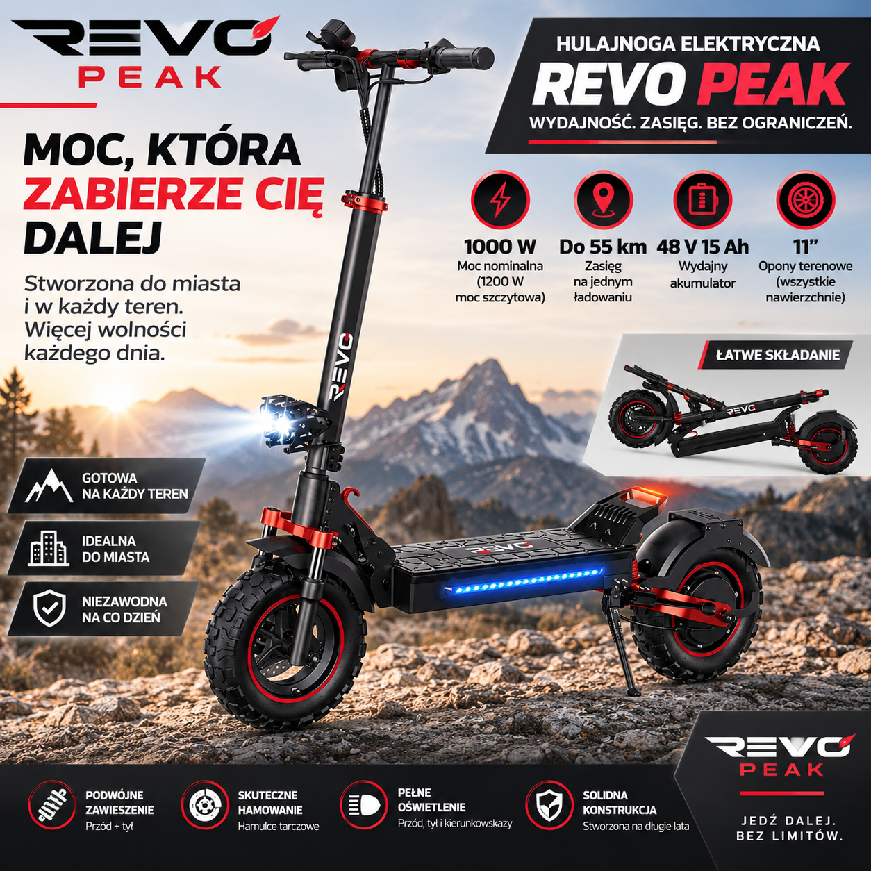 REVO Peak – Hulajnoga Elektryczna 1000 W (Moc Szczytowa 1200 W) – Zasięg do 55 km – Akumulator 48 V 15 Ah – Opony Terenowe 11″