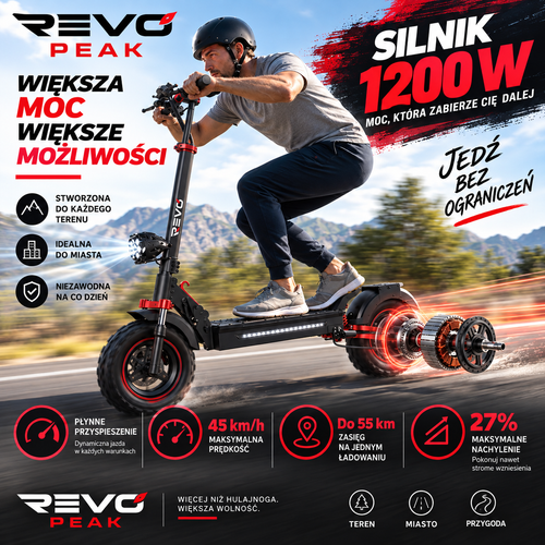 REVO Peak – Hulajnoga Elektryczna 1000 W (Moc Szczytowa 1200 W) – Zasięg do 55 km – Akumulator 48 V 15 Ah – Opony Terenowe 11″