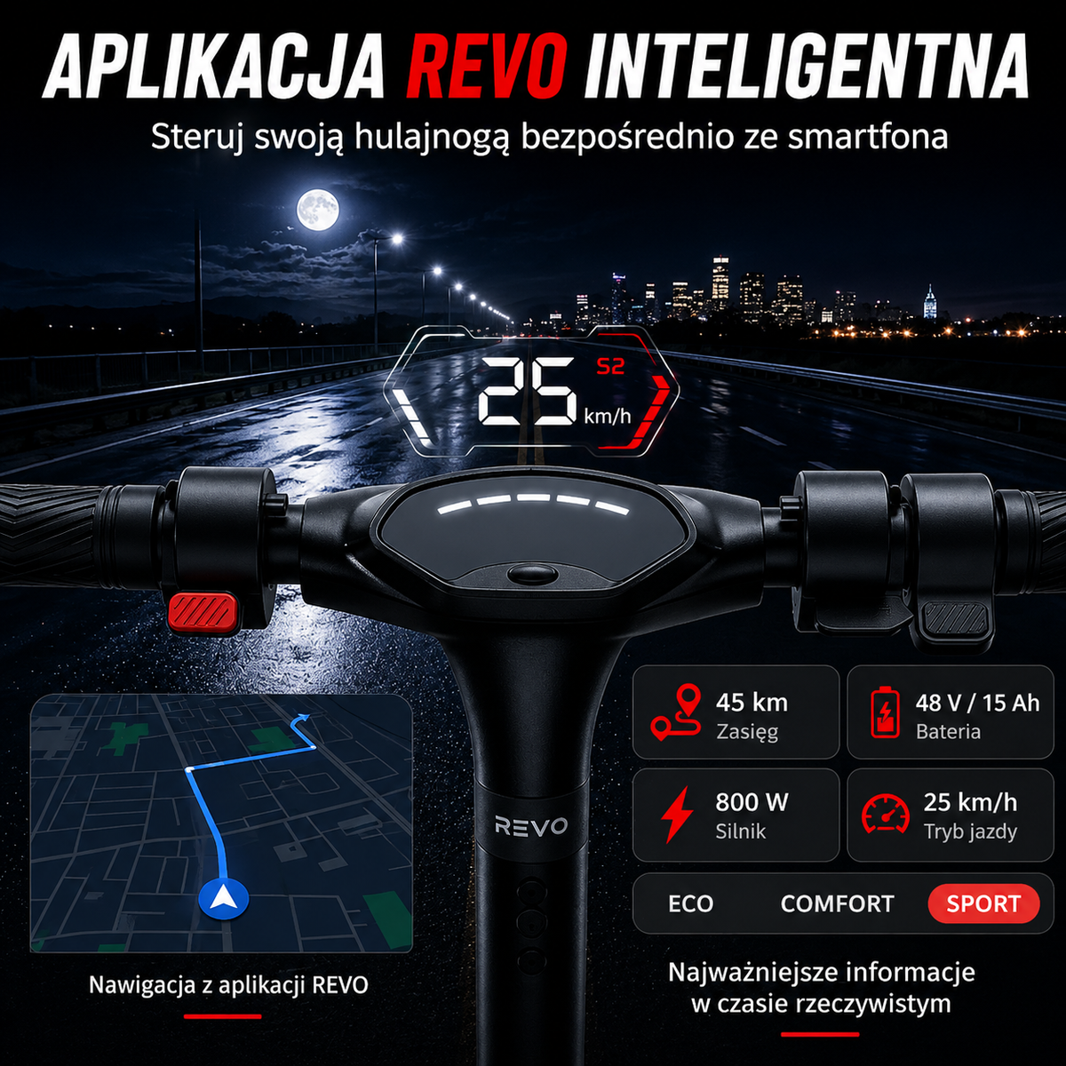 REVO Voltis – Hulajnoga Elektryczna 250 W – Zasięg do 25 km – Bateria 36 V / 5,2 Ah – Opony 8″