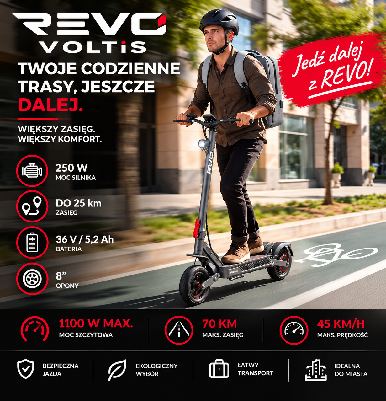 REVO Vector – Hulajnoga Elektryczna – Moc Maks. 1100 W – Zasięg do 70 km – Bateria 48 V / 13 Ah – Opony 10″ – Amortyzacja & NFC