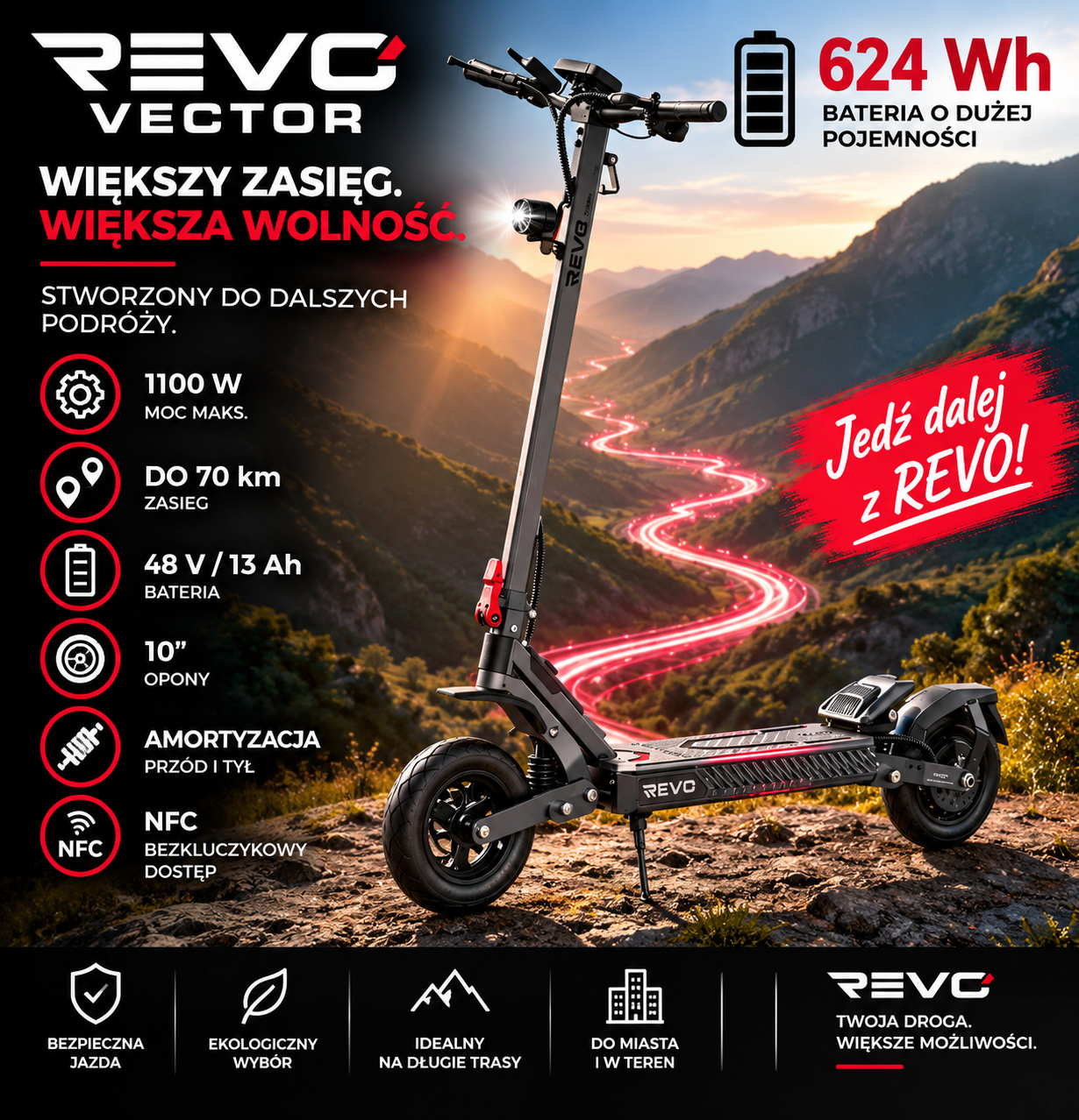 REVO Vector – Hulajnoga Elektryczna – Moc Maks. 1100 W – Zasięg do 70 km – Bateria 48 V / 13 Ah – Opony 10″ – Amortyzacja & NFC