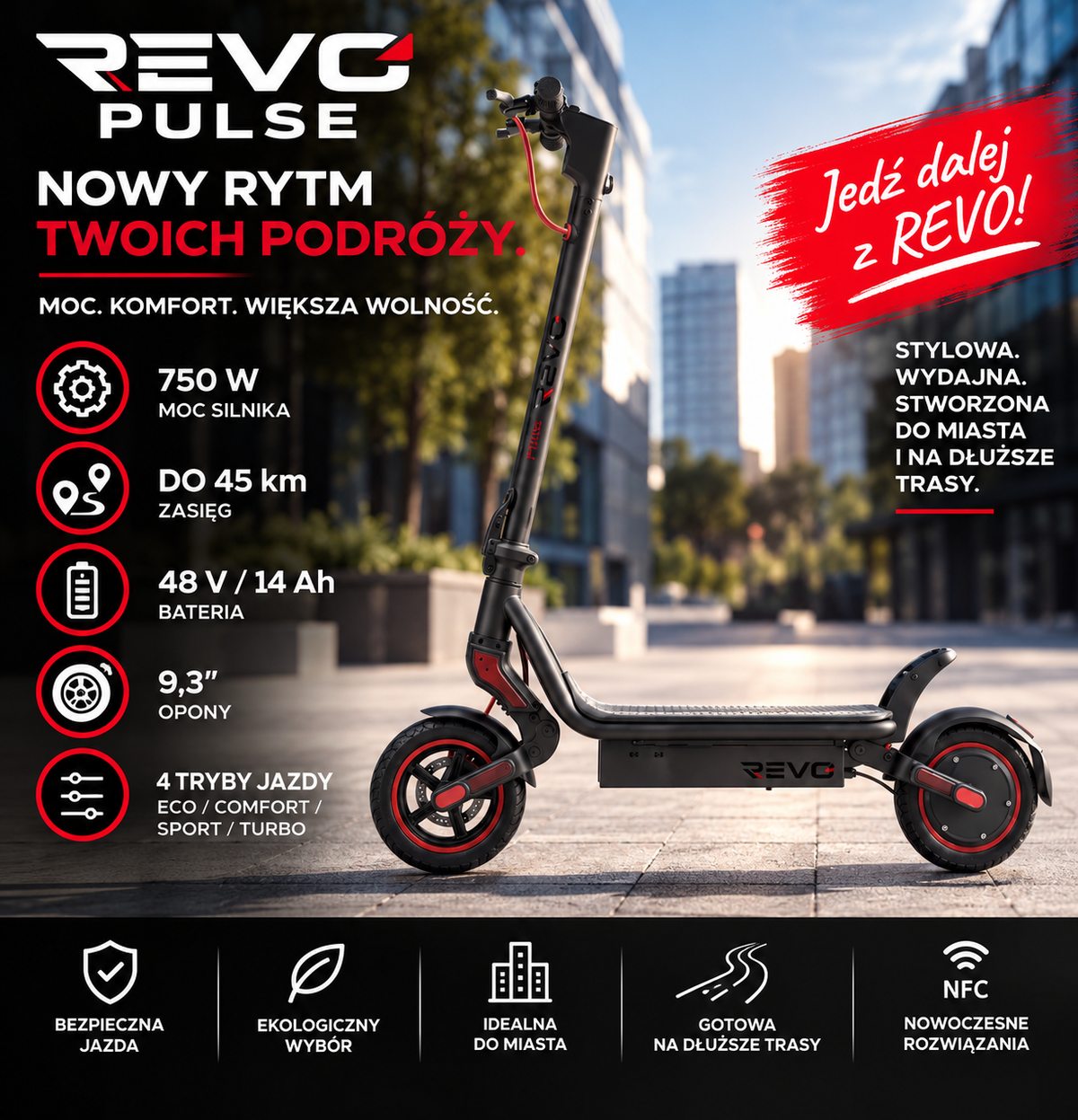 REVO Pulse – Hulajnoga Elektryczna 750 W – Zasięg do 45 km – Bateria 48 V 14 Ah – Opony 9,3″ – 4 Tryby Jazdy