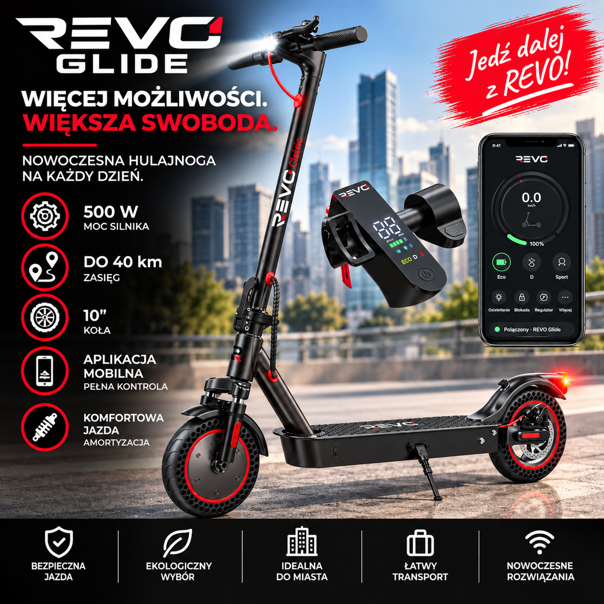 REVO Glide – Hulajnoga Elektryczna 500 W | Zasięg do 40 km | Koła 10″ | Aplikacja Mobilna