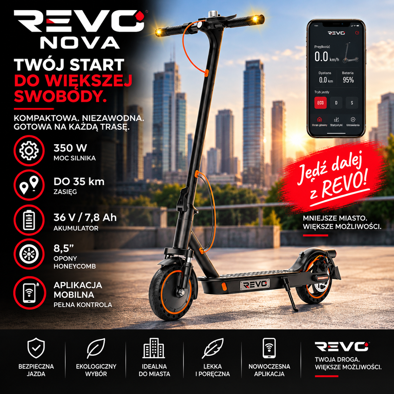 REVO Nova – Hulajnoga elektryczna 350 W | Zasięg do 35 km | Akumulator 36 V 7,8 Ah | Opony Honeycomb 8,5"