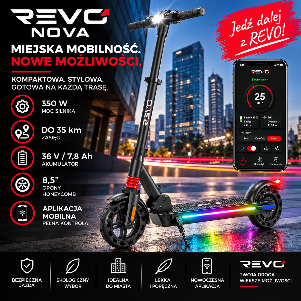 REVO Voltis – Hulajnoga Elektryczna 250 W – Zasięg do 25 km – Bateria 36 V / 5,2 Ah – Opony 8″