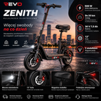 REVO Zenith – Hulajnoga Elektryczna 500 W – Zasięg do 35 km – Bateria 36 V 7,5 Ah – Koła 12″ – Z Siodełkiem