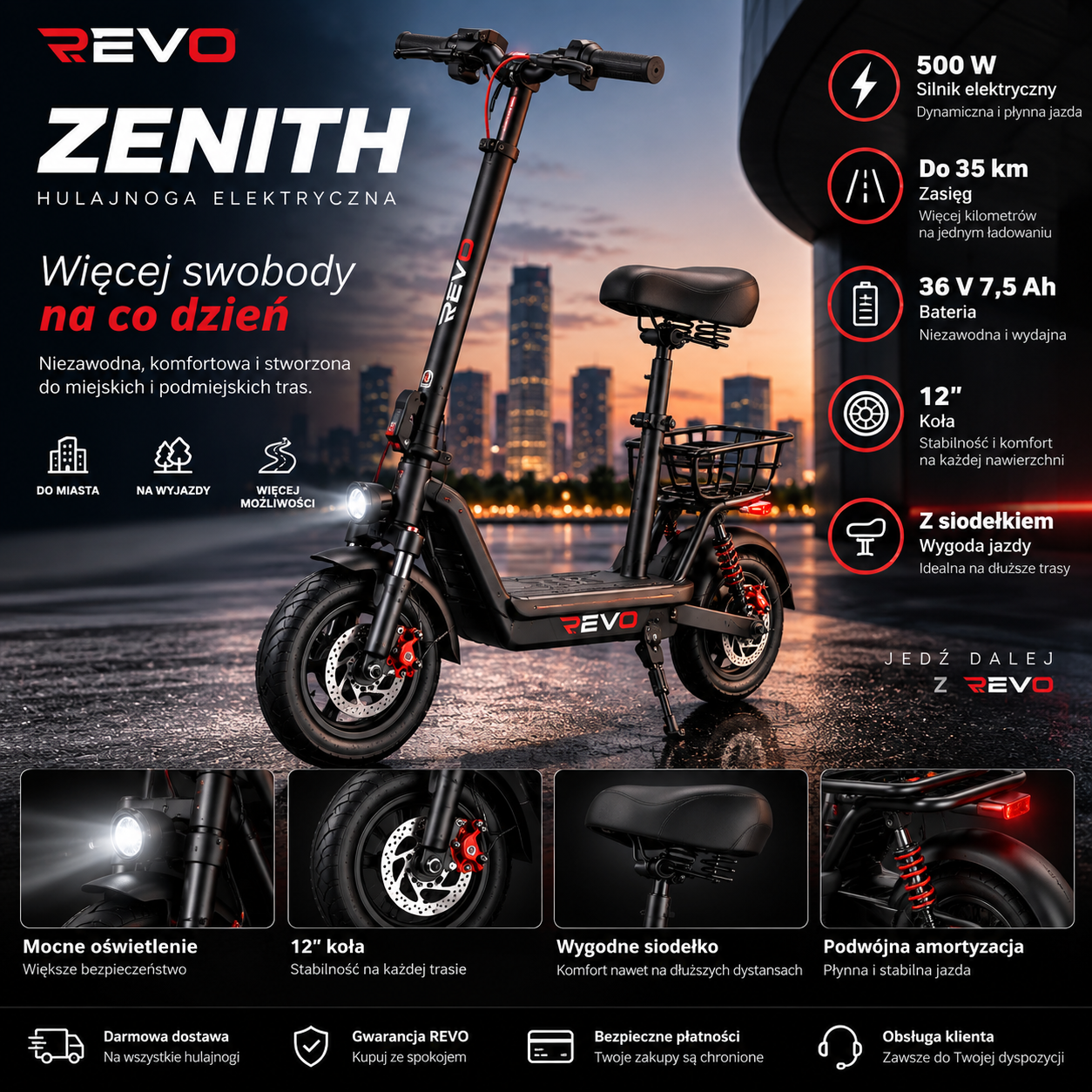 REVO Zenith – Hulajnoga Elektryczna 500 W – Zasięg do 35 km – Bateria 36 V 7,5 Ah – Koła 12″ – Z Siodełkiem