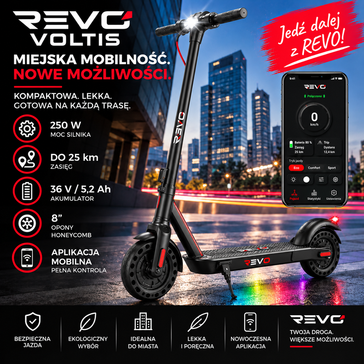 REVO Voltis – Hulajnoga Elektryczna 250 W – Zasięg do 25 km – Bateria 36 V / 5,2 Ah – Opony 8″
