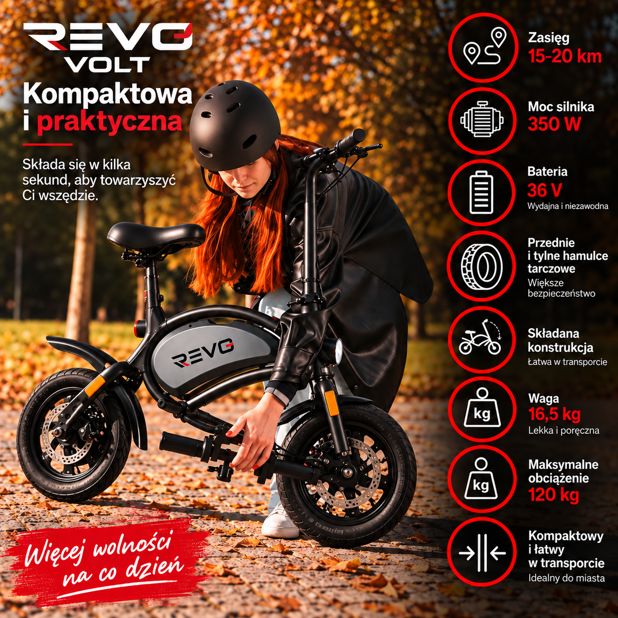 REVO Volt – Elektryczny Rower Biegowy 350 W – Zasięg 15–20 km – Bateria 36 V – Składany – Przednie i Tylne Hamulce Tarczowe